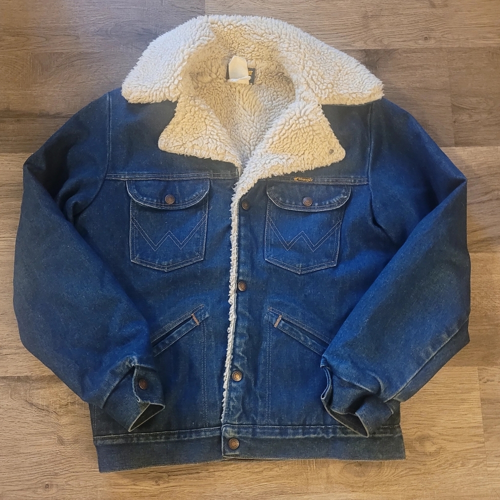 Wrangler Dark Blue Denim Sherpa Jacket with Cream Lining